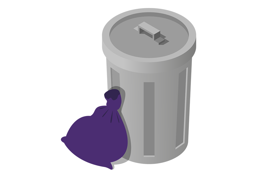 A stylized bin with a purple refuse sack next to it