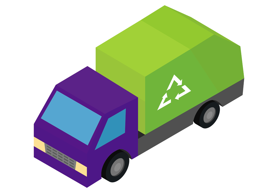 A colorful garbage truck in purple and green, displaying a recycling symbol for eco-friendly waste collection.
