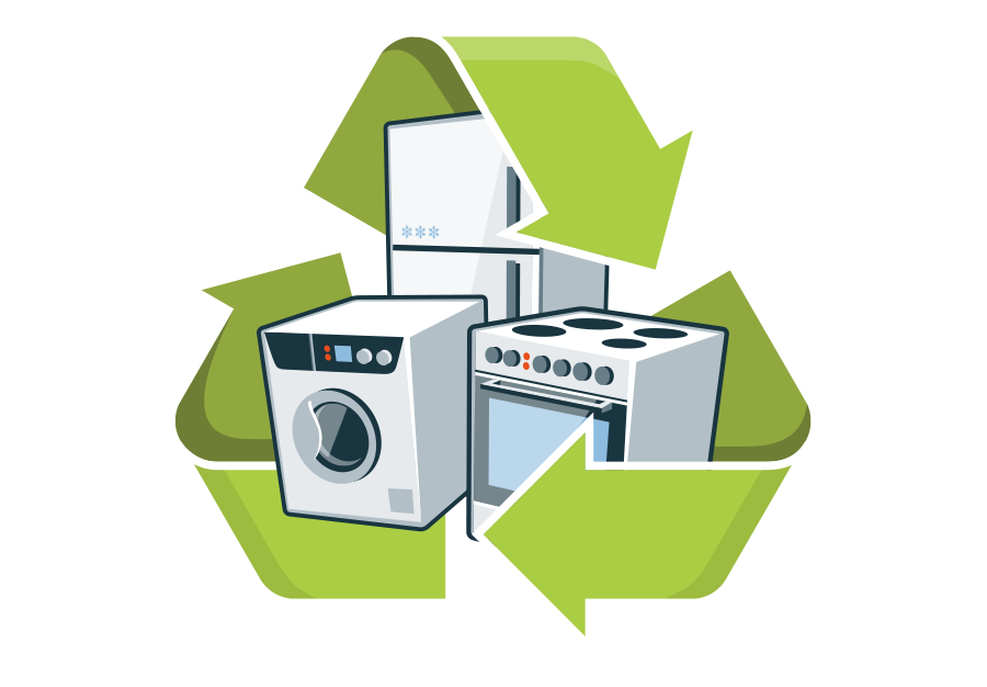  Recycle logo featuring various appliances surrounded by a green recycling symbol, promoting eco-friendly practices.